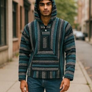 Vintage Baja Joe Pancho Mexican Blanket Size S Hoodie Surfer Teal Gray